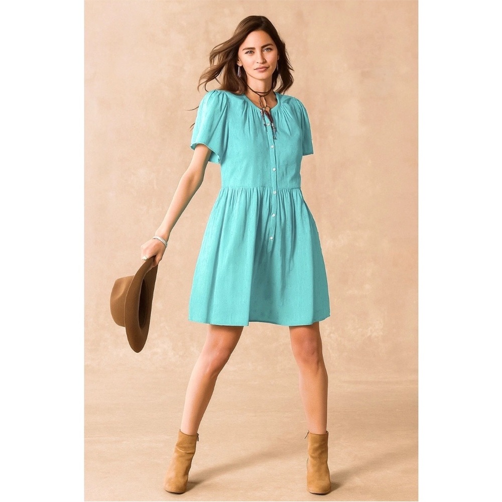 SUNDANCE Sienna Breeze Aqua Blue Textured Flowy Coastal Beach Dress